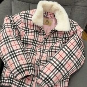 Burberry Pink Checkered Coat with Cream Collar